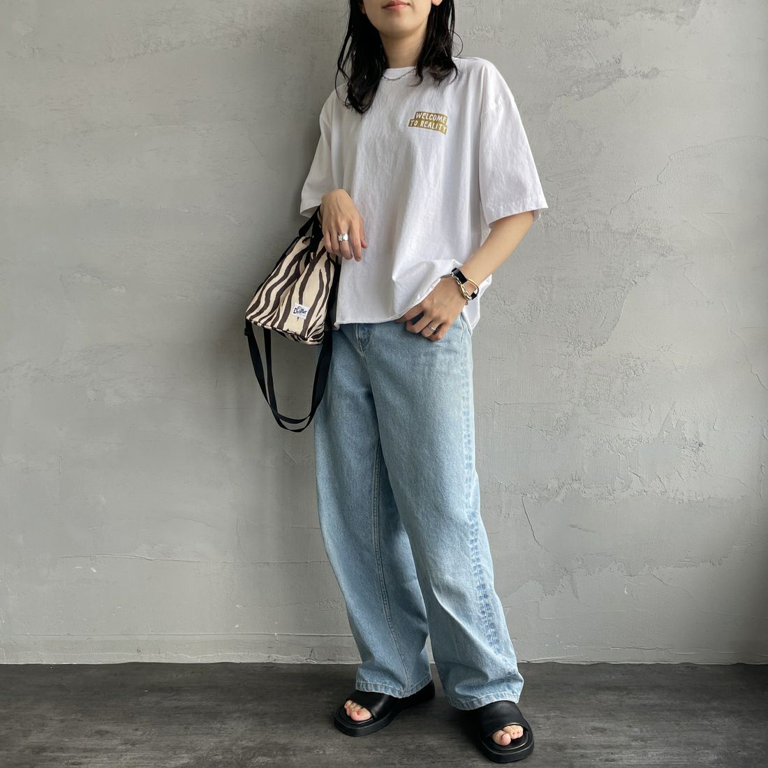 FUNG [ファング] REALITY カットオフプリントTシャツ [REALITY] WH/ﾗﾒ &&モデル身長：160cm 着用サイズ：M&&