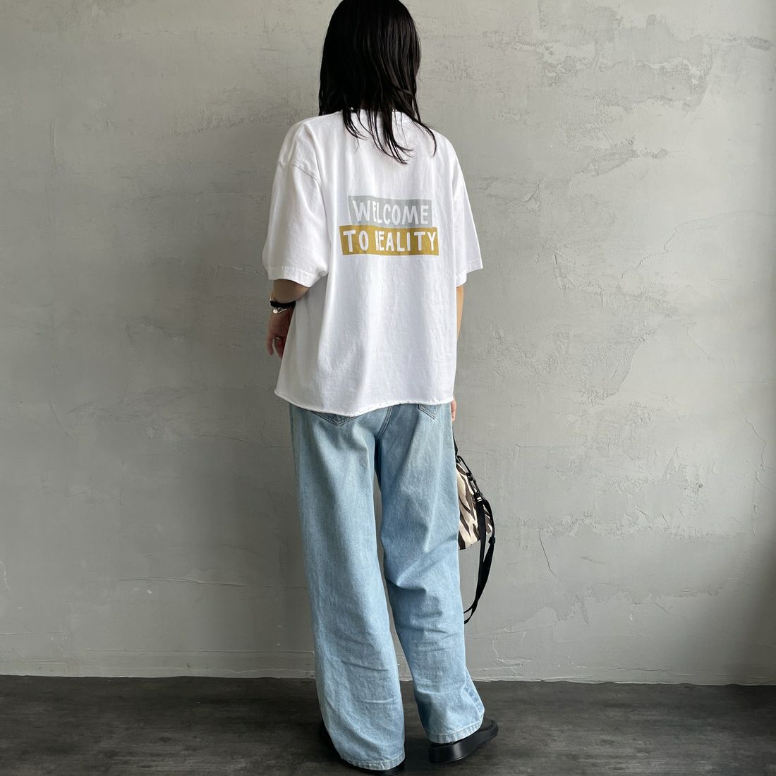 FUNG [ファング] REALITY カットオフプリントTシャツ [REALITY] WH/ﾗﾒ &&モデル身長：160cm 着用サイズ：M&&