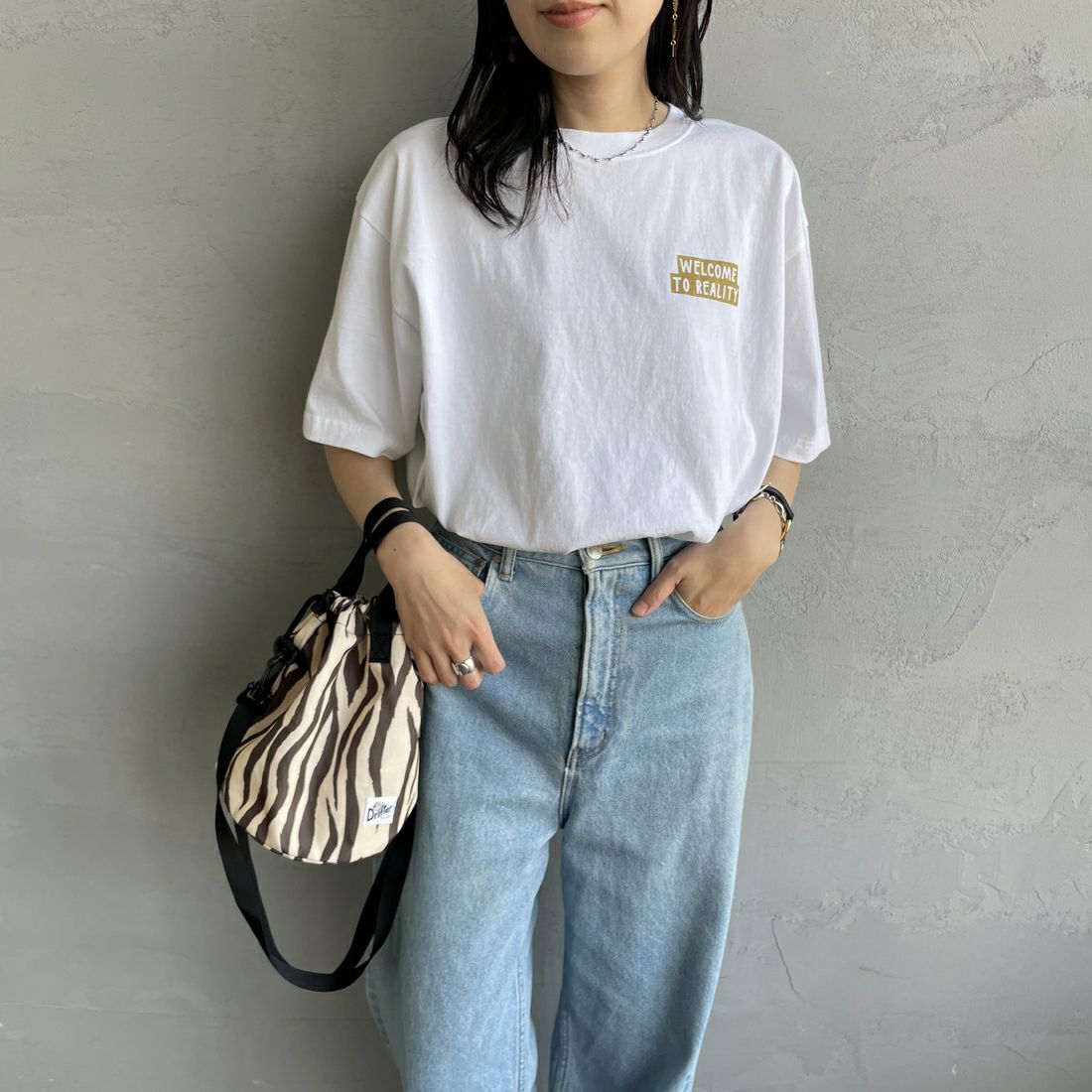 FUNG [ファング] REALITY カットオフプリントTシャツ [REALITY] WH/ﾗﾒ &&モデル身長：160cm 着用サイズ：M&&