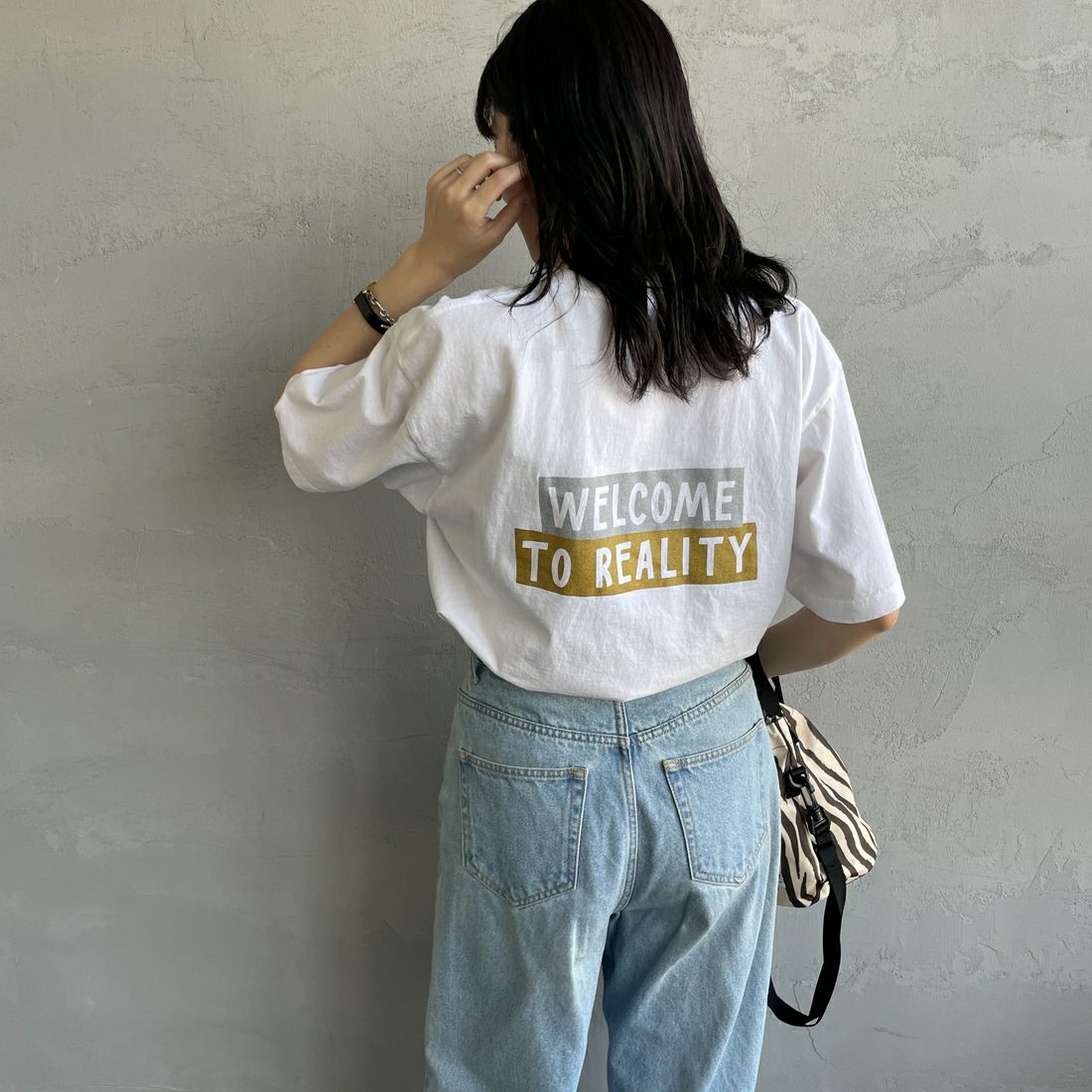 FUNG [ファング] REALITY カットオフプリントTシャツ [REALITY] WH/ﾗﾒ &&モデル身長：160cm 着用サイズ：M&&