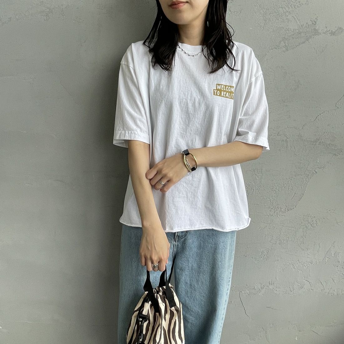 FUNG [ファング] REALITY カットオフプリントTシャツ [REALITY] WH/ﾗﾒ &&モデル身長：160cm 着用サイズ：M&&