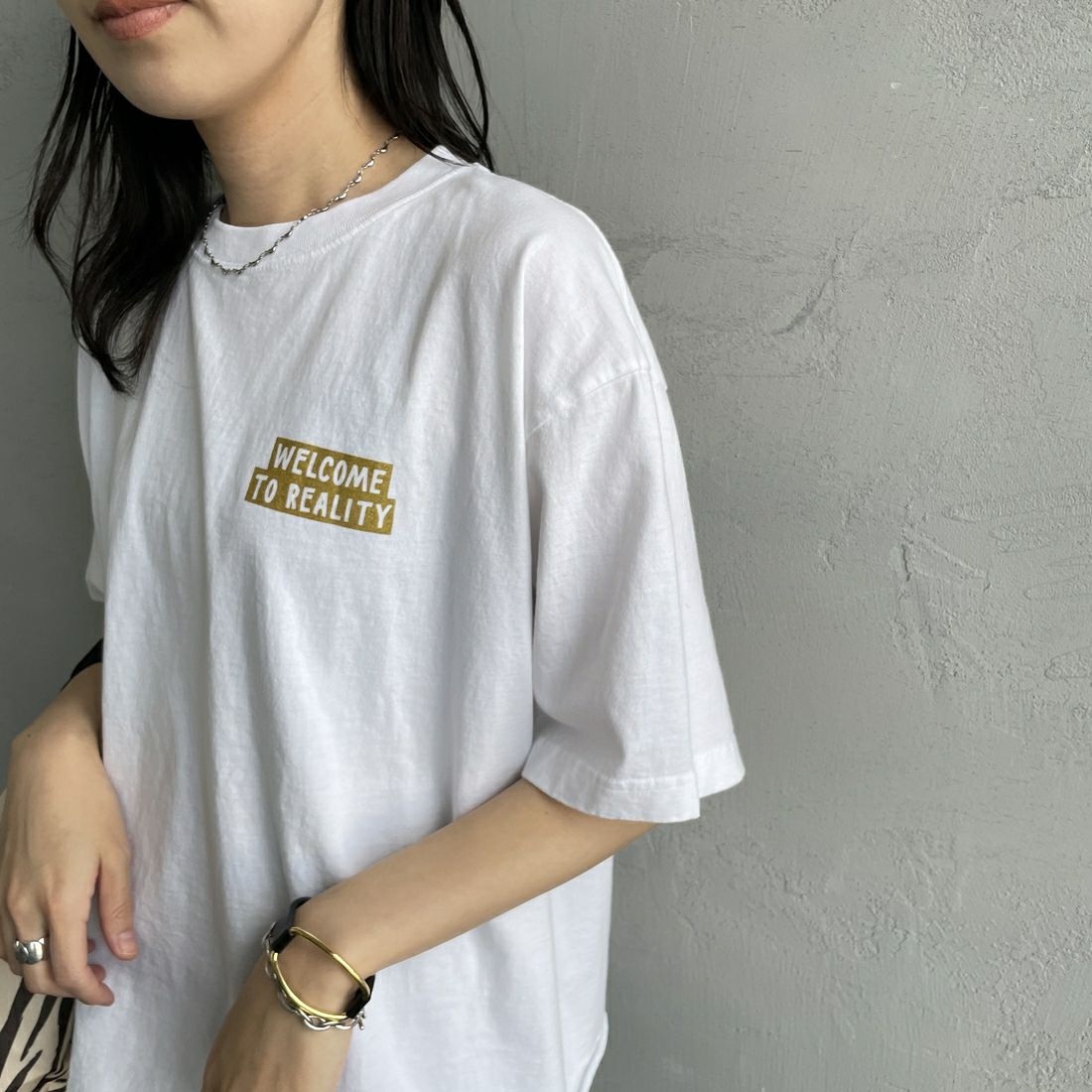 FUNG [ファング] REALITY カットオフプリントTシャツ [REALITY] WH/ﾗﾒ &&モデル身長：160cm 着用サイズ：M&&