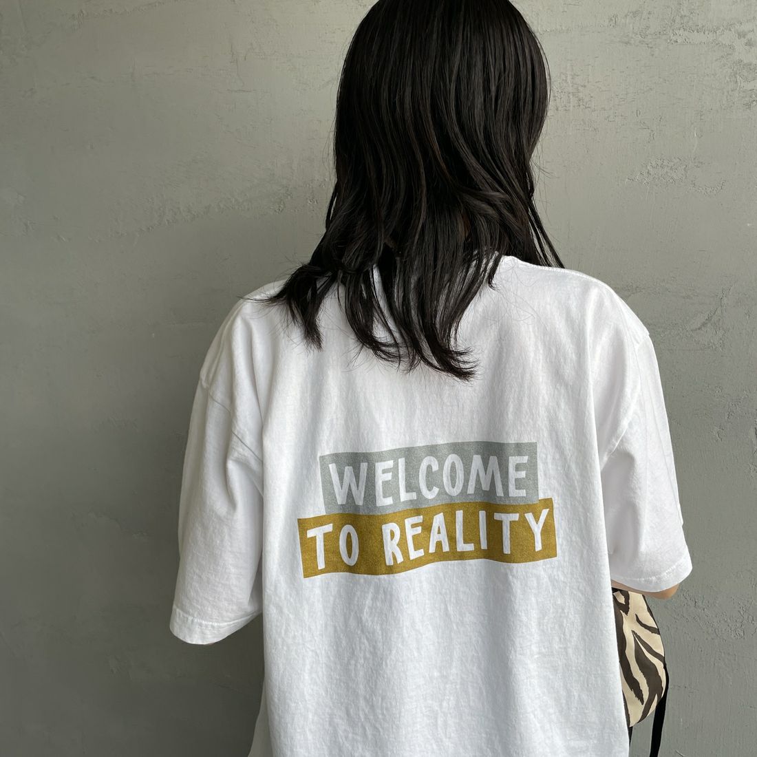 FUNG [ファング] REALITY カットオフプリントTシャツ [REALITY] WH/ﾗﾒ &&モデル身長：160cm 着用サイズ：M&&