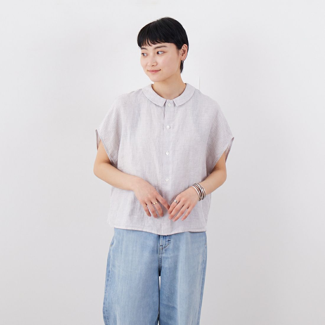ORCIVAL [オーシバル] ノースリーブリネンチェックシャツ [OR-B0360LCH] WH/TAUPE C &&モデル身長：160cm 着用サイズ：1&&