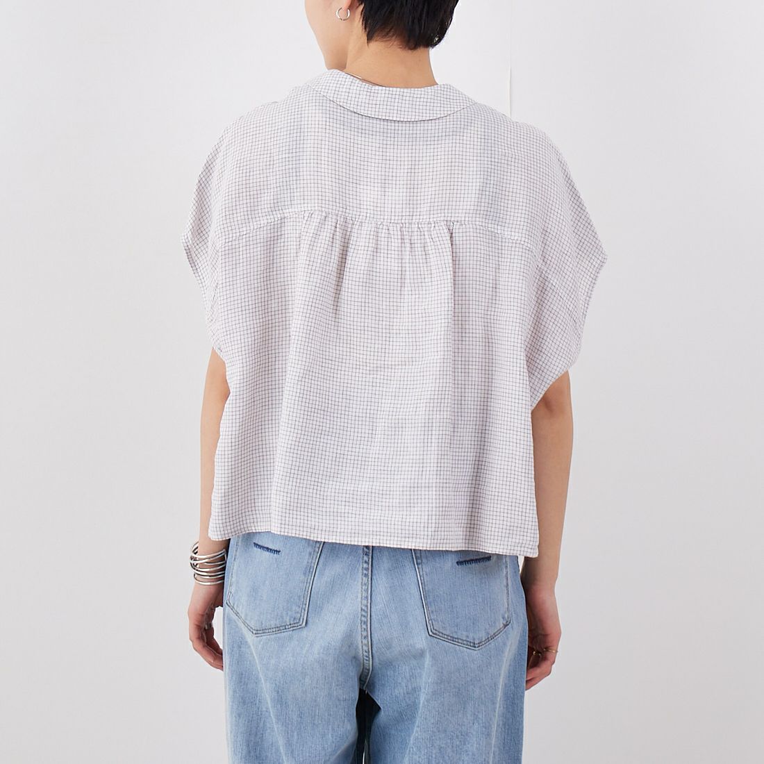 ORCIVAL [オーシバル] ノースリーブリネンチェックシャツ [OR-B0360LCH] WH/TAUPE C &&モデル身長：160cm 着用サイズ：1&&