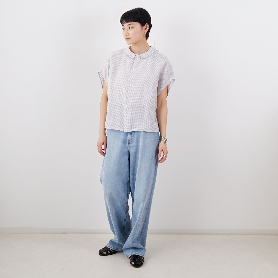 ORCIVAL [オーシバル] ノースリーブリネンチェックシャツ [OR-B0360LCH] WH/TAUPE C &&モデル身長：160cm 着用サイズ：1&&