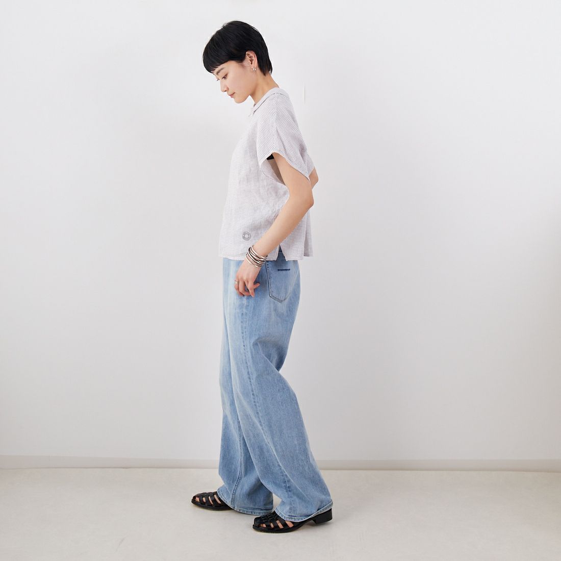 ORCIVAL [オーシバル] ノースリーブリネンチェックシャツ [OR-B0360LCH] WH/TAUPE C &&モデル身長：160cm 着用サイズ：1&&