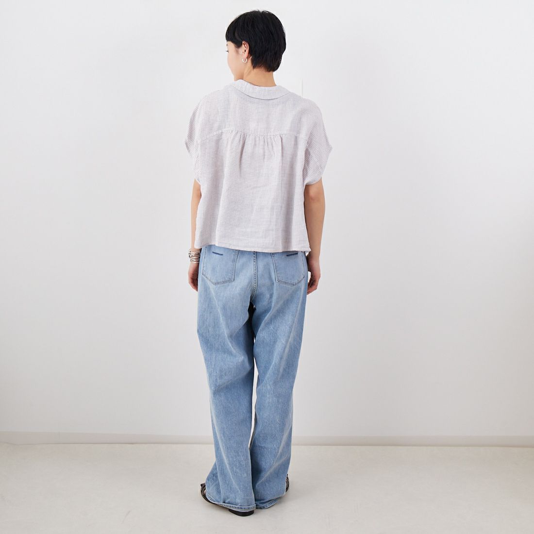 ORCIVAL [オーシバル] ノースリーブリネンチェックシャツ [OR-B0360LCH] WH/TAUPE C &&モデル身長：160cm 着用サイズ：1&&