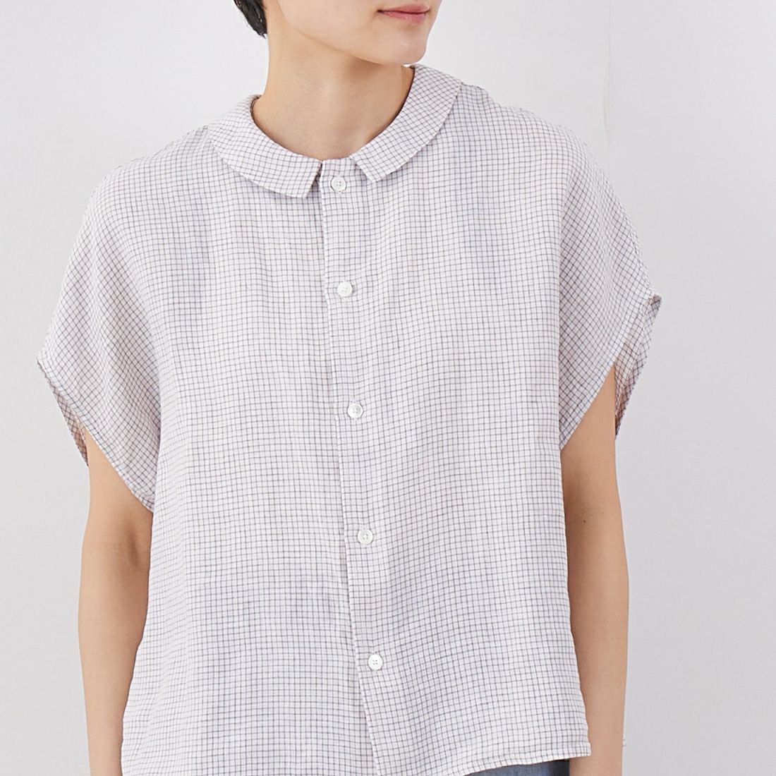 ORCIVAL [オーシバル] ノースリーブリネンチェックシャツ [OR-B0360LCH] WH/TAUPE C &&モデル身長：160cm 着用サイズ：1&&