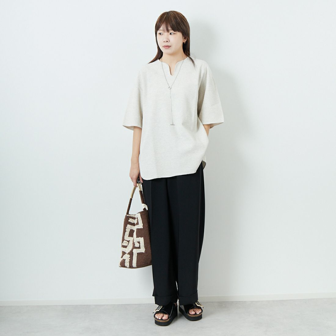 blurhms ROOTSTOCK [ブラームス ルーツストック] ラフ&スムース サーマルオーバーネックTシャツ [BROOTS24S19S25] 02 H.OATME &&モデル身長：167cm 着用サイズ：2&&