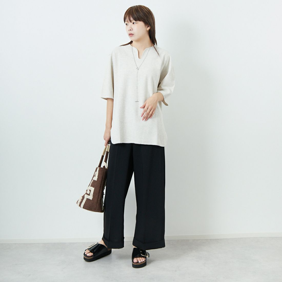 blurhms ROOTSTOCK [ブラームス ルーツストック] ラフ&スムース サーマルオーバーネックTシャツ [BROOTS24S19S25] 02 H.OATME &&モデル身長：167cm 着用サイズ：2&&