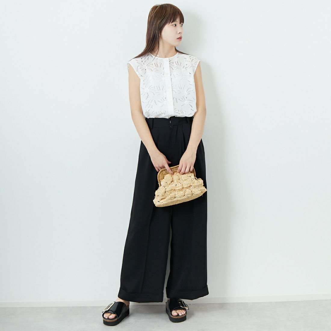 STELLA CIFFON [ステラシフォン] ジャガードレーストップス [ST2-25401B] 02 WHITE &&モデル身長：167cm 着用サイズ：36&&