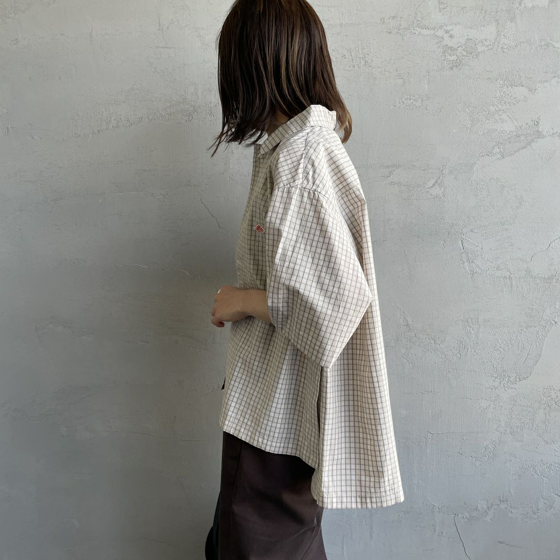 DANTON [ダントン] ハーフスリーブシャツ [DT-B0223CPP] BEG/GRY CK &&モデル身長：158cm 着用サイズ：38&&