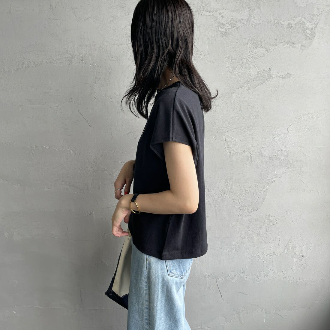 DANTON [ダントン] ドルマンスリーブソリッドTシャツ [DT-C0403FLC] BLACK &&モデル身長：160cm 着用サイズ：S&&