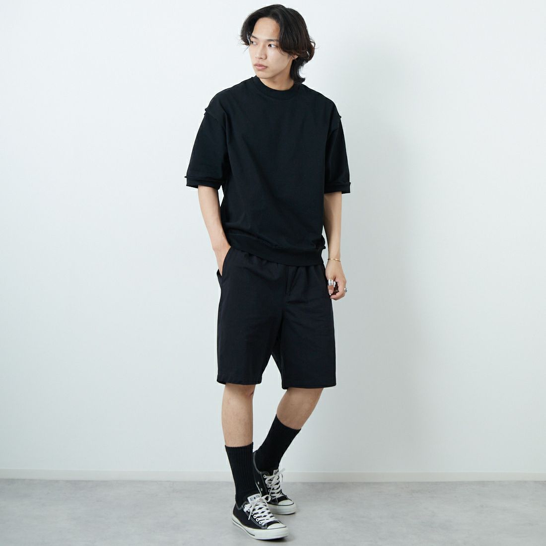 DANTON [ダントン] コットンナイロンツイルイージーショーツ [DT-E0249CNC] BLACK &&モデル身長：179cm 着用サイズ：40&&