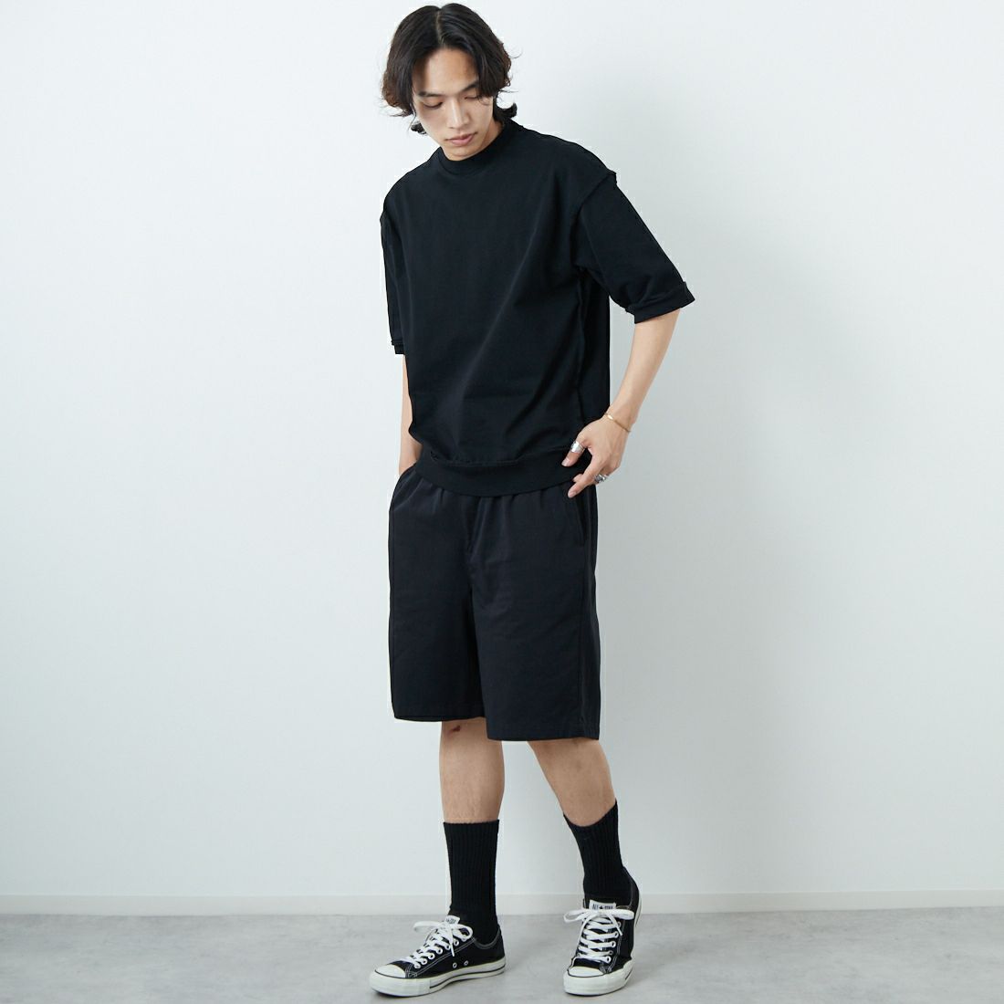 DANTON [ダントン] コットンナイロンツイルイージーショーツ [DT-E0249CNC] BLACK &&モデル身長：179cm 着用サイズ：40&&