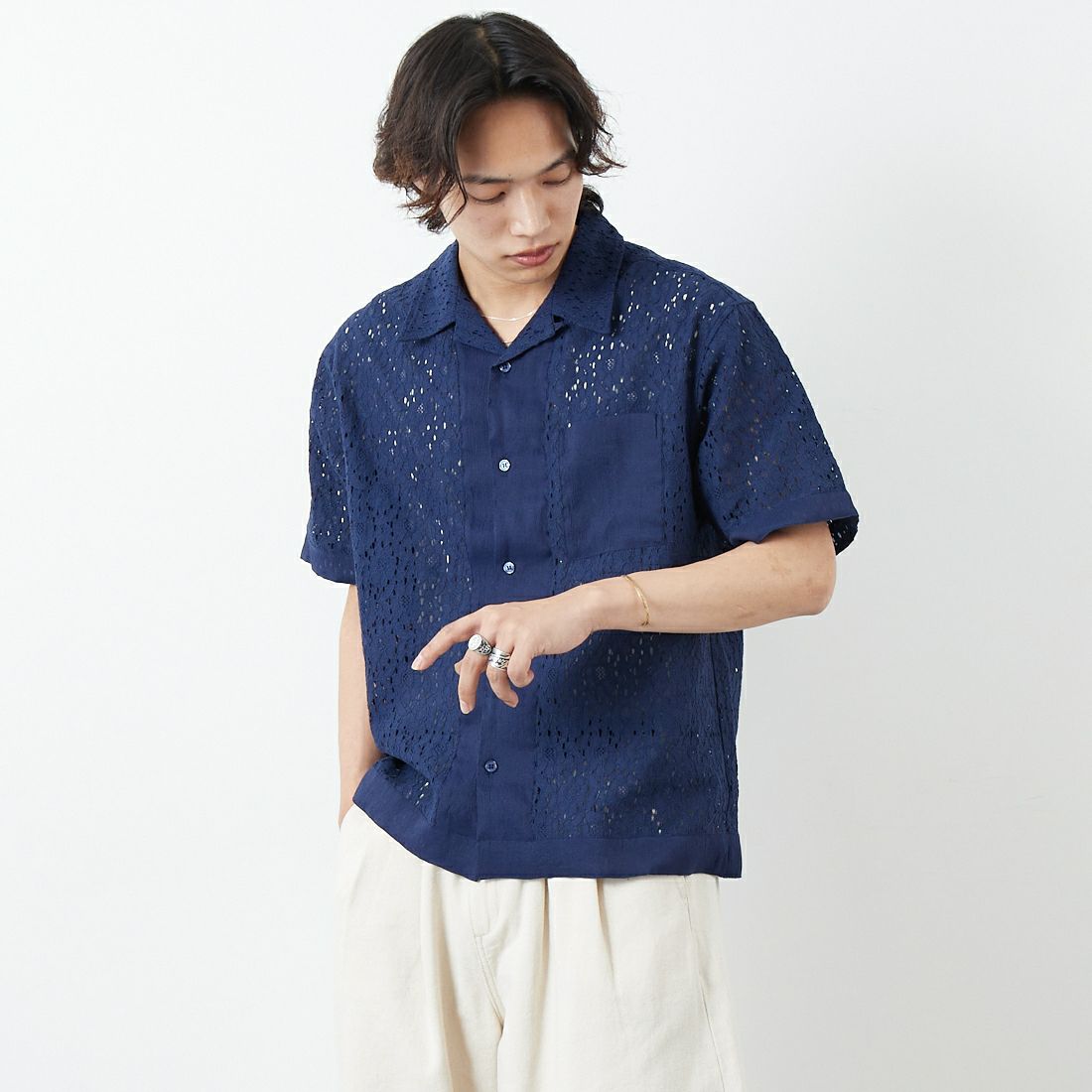 Noir Fabrik [ヌワールファブリック] レースシャツ [NF-251-023] NAVY &&モデル身長：179cm 着用サイズ：M&&