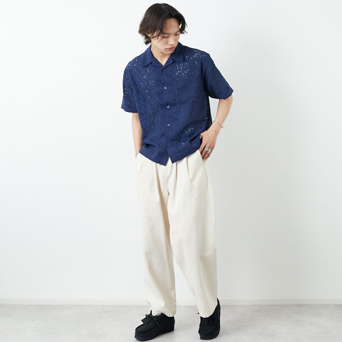 Noir Fabrik [ヌワールファブリック] レースシャツ [NF-251-023] NAVY &&モデル身長：179cm 着用サイズ：M&&