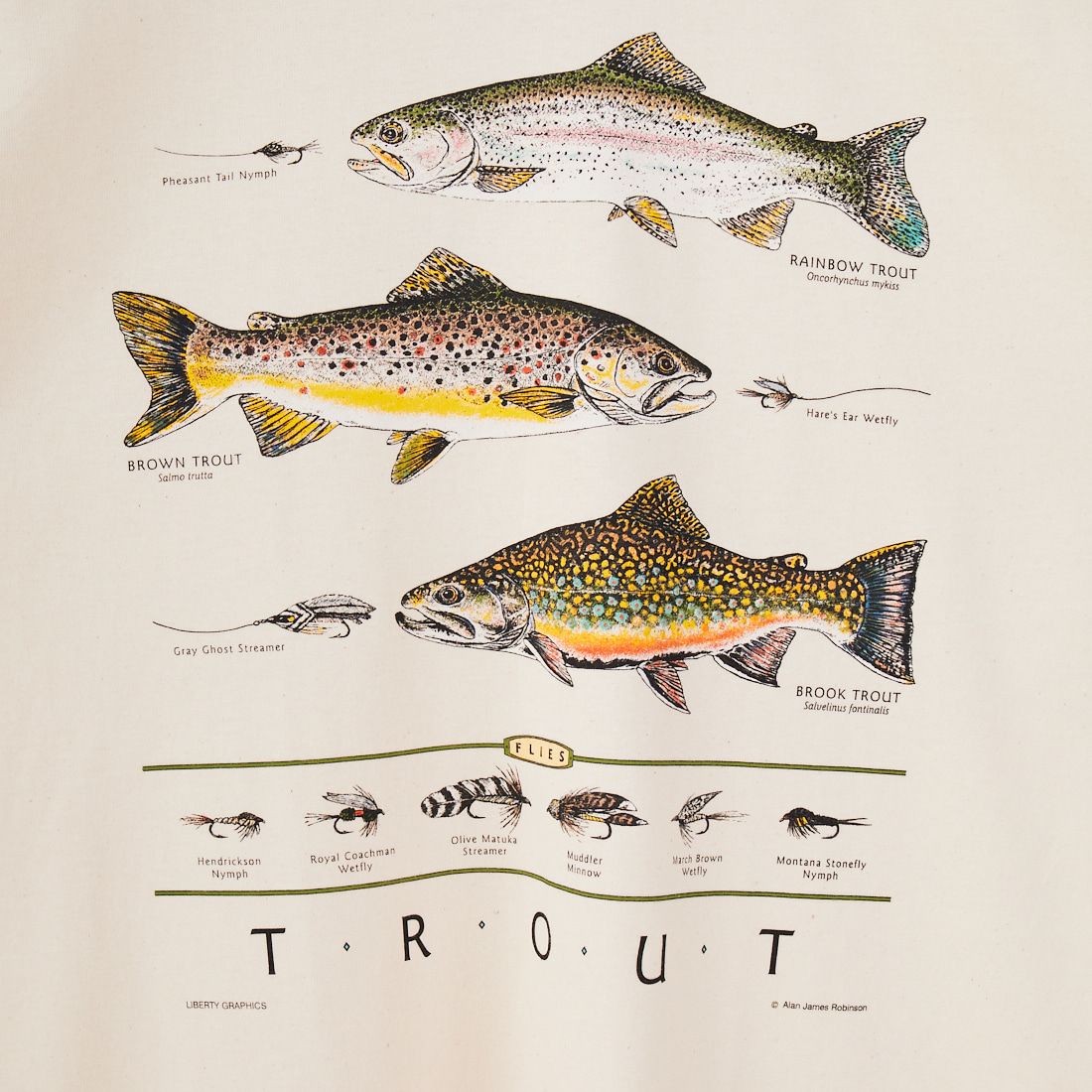 LIBERTY GRAPHICS [リバティーグラフィックス] トラウト&フライズプリントTシャツ [TROUT&FLIES] NATURAL