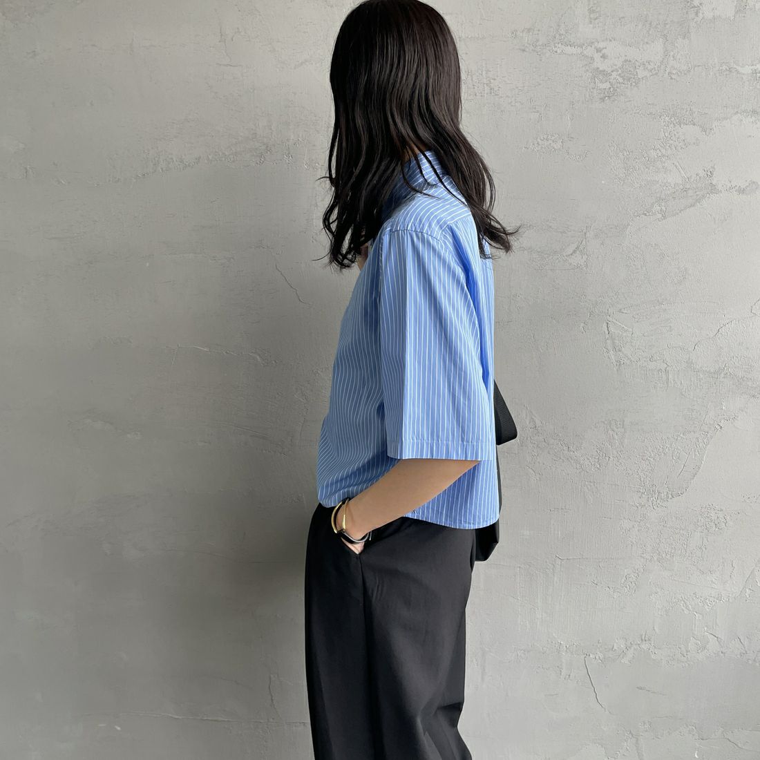 Gymphlex [ジムフレックス] 半袖ボタンダウンシャツ [GY-B0367HPS] BLU/WHT ST &&モデル身長：160cm 着用サイズ：12&&