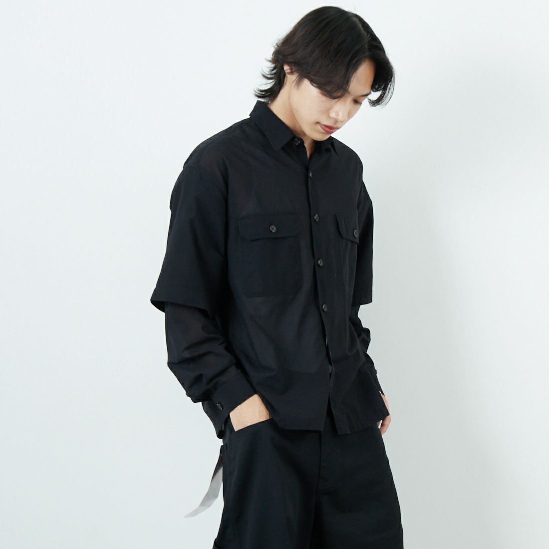 SEDAN ALL-PURPOSE [セダン オールパーパス] コンバーチブルワークシャツ [SD25S-SH02] BLACK &&モデル身長：179cm 着用サイズ：M&&