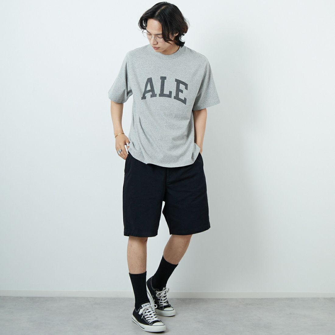 blurhms ROOTSTOCK [ブラームス ルーツストック] ALE-Y 88/12ワイドプリントTシャツ [BROOTS25S36A] 02 H.GREY &&モデル身長：179cm 着用サイズ：2&&
