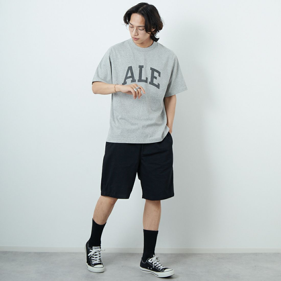 blurhms ROOTSTOCK [ブラームス ルーツストック] ALE-Y 88/12ワイドプリントTシャツ [BROOTS25S36A] 02 H.GREY &&モデル身長：179cm 着用サイズ：2&&