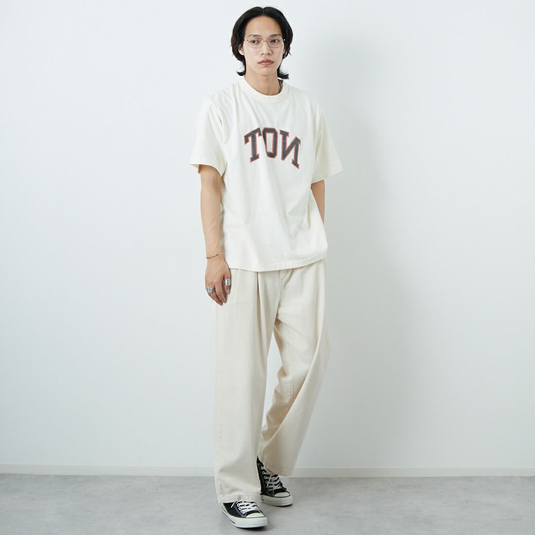 blurhms ROOTSTOCK [ブラームス ルーツストック] NOT-PRINCE 88/12ワイドプリントTシャツ [BROOTS25S36B] 01 IVORY &&モデル身長：179cm 着用サイズ：2&&