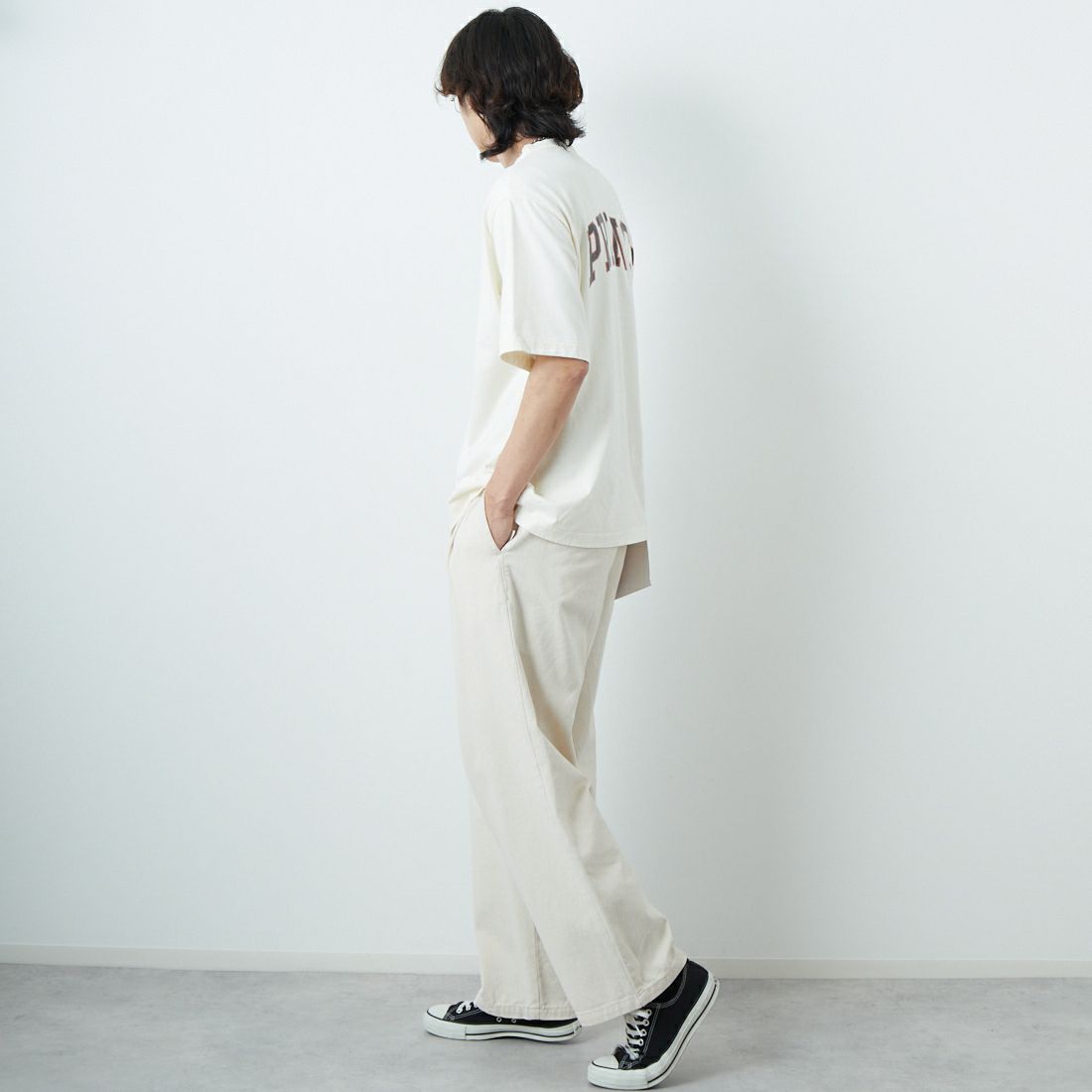 blurhms ROOTSTOCK [ブラームス ルーツストック] NOT-PRINCE 88/12ワイドプリントTシャツ [BROOTS25S36B] 01 IVORY &&モデル身長：179cm 着用サイズ：2&&