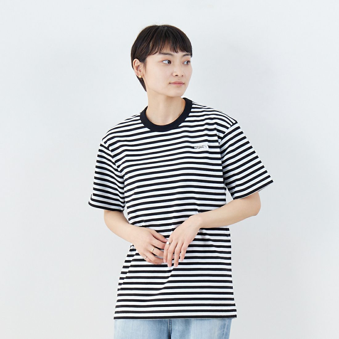 THE NORTH FACE [ザ ノースフェイス] ショートスリーブマルチボーダーTシャツ [NT32455] KW &&モデル身長：160cm 着用サイズ：S&&