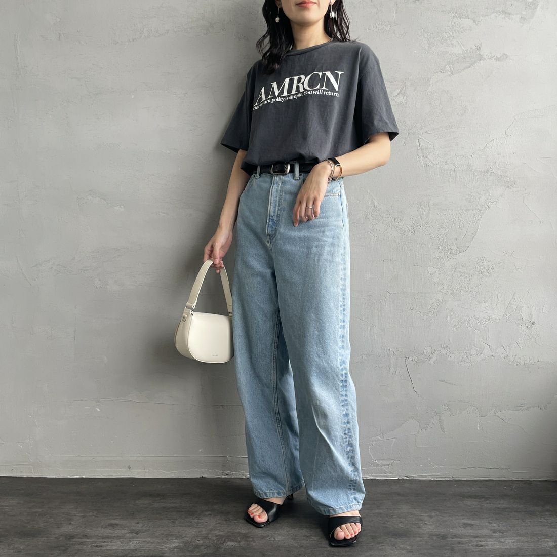 Americana × JEANS FACTORY [アメリカーナ × ジーンズファクトリー] 別注 オゾンバイオ加工 バックプリントTシャツ [ASO-795-2-JF] SUMIKURO &&モデル身長：160cm 着用サイズ：F&&