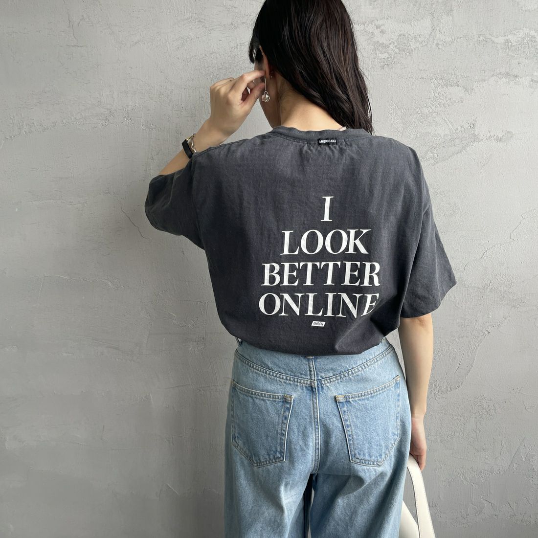 Americana × JEANS FACTORY [アメリカーナ × ジーンズファクトリー] 別注 オゾンバイオ加工 バックプリントTシャツ [ASO-795-2-JF] SUMIKURO &&モデル身長：160cm 着用サイズ：F&&