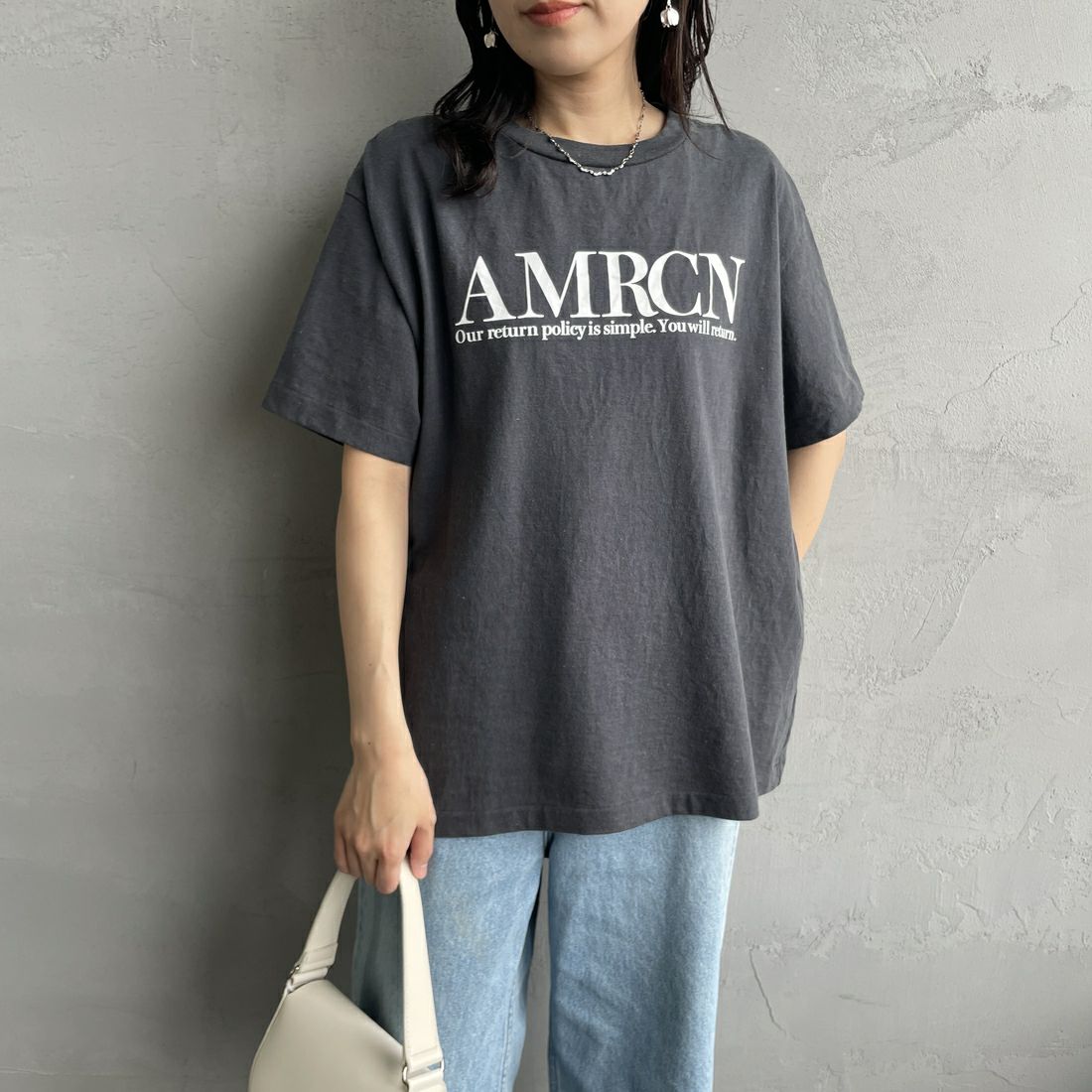 Americana × JEANS FACTORY [アメリカーナ × ジーンズファクトリー] 別注 オゾンバイオ加工 バックプリントTシャツ [ASO-795-2-JF] SUMIKURO &&モデル身長：160cm 着用サイズ：F&&