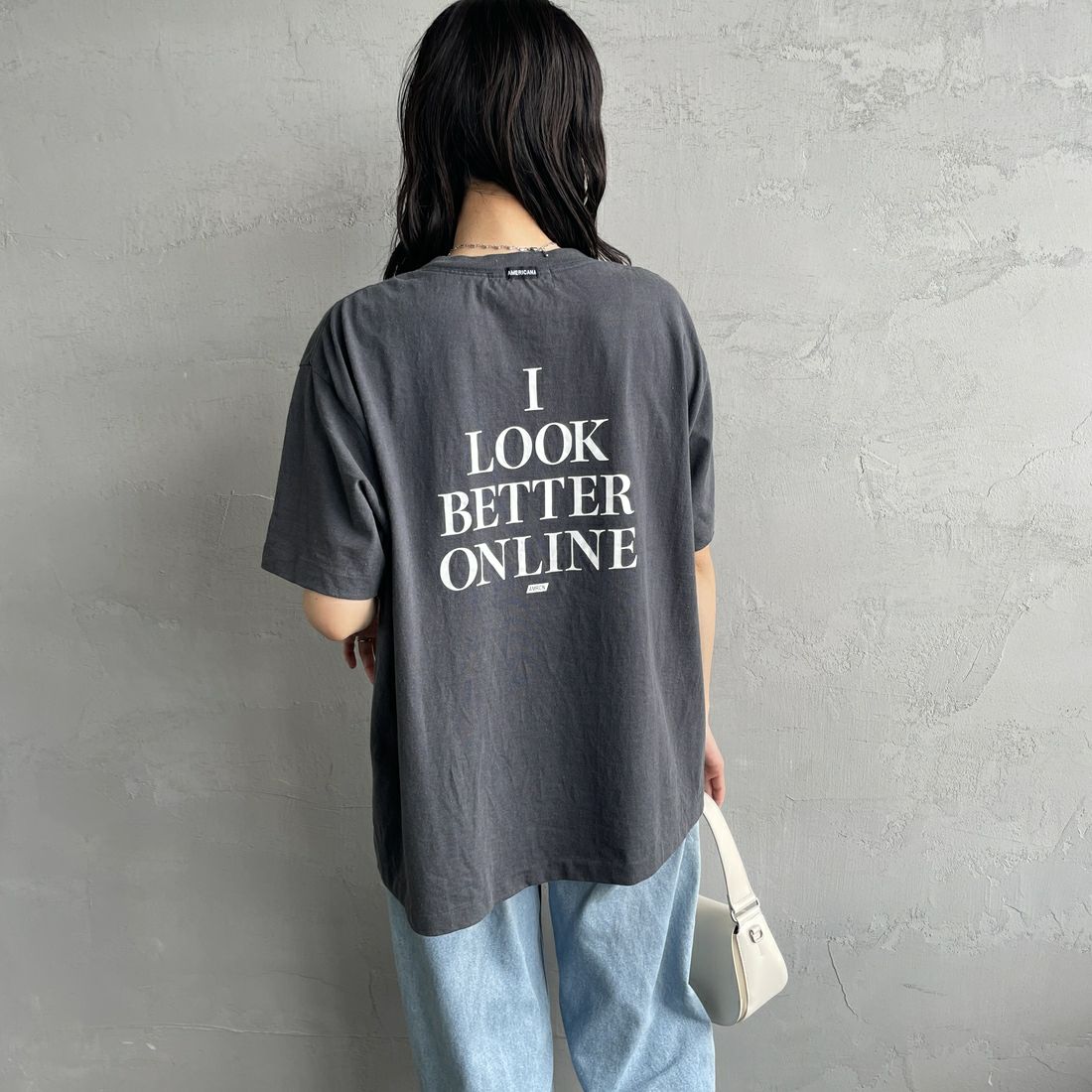 Americana × JEANS FACTORY [アメリカーナ × ジーンズファクトリー] 別注 オゾンバイオ加工 バックプリントTシャツ [ASO-795-2-JF] SUMIKURO &&モデル身長：160cm 着用サイズ：F&&
