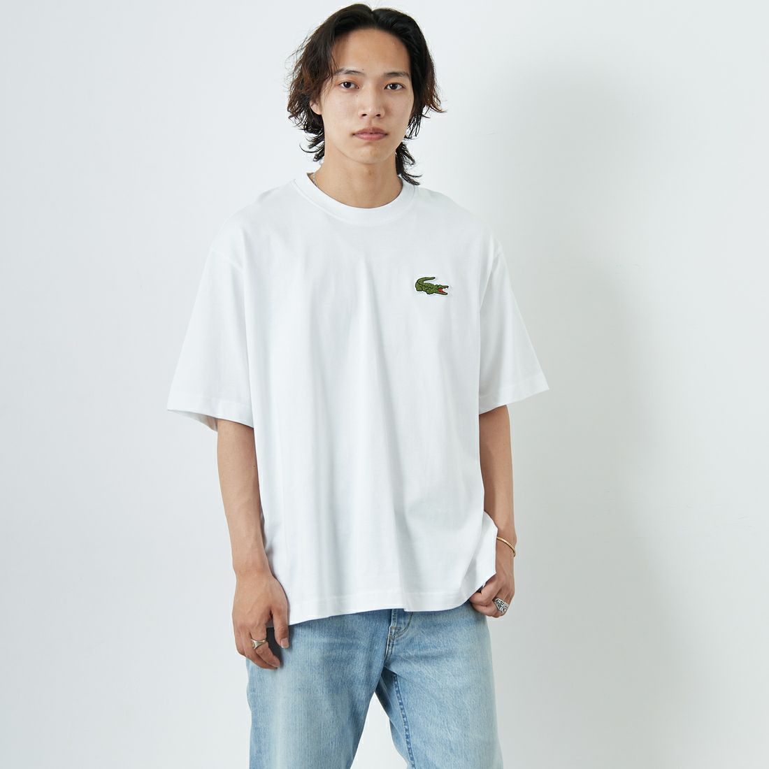 LACOSTE [ラコステ] シェニールワニロゴ ルーズフィットTシャツ [TH2745] 001 WHITE &&モデル身長：179cm 着用サイズ：L&&