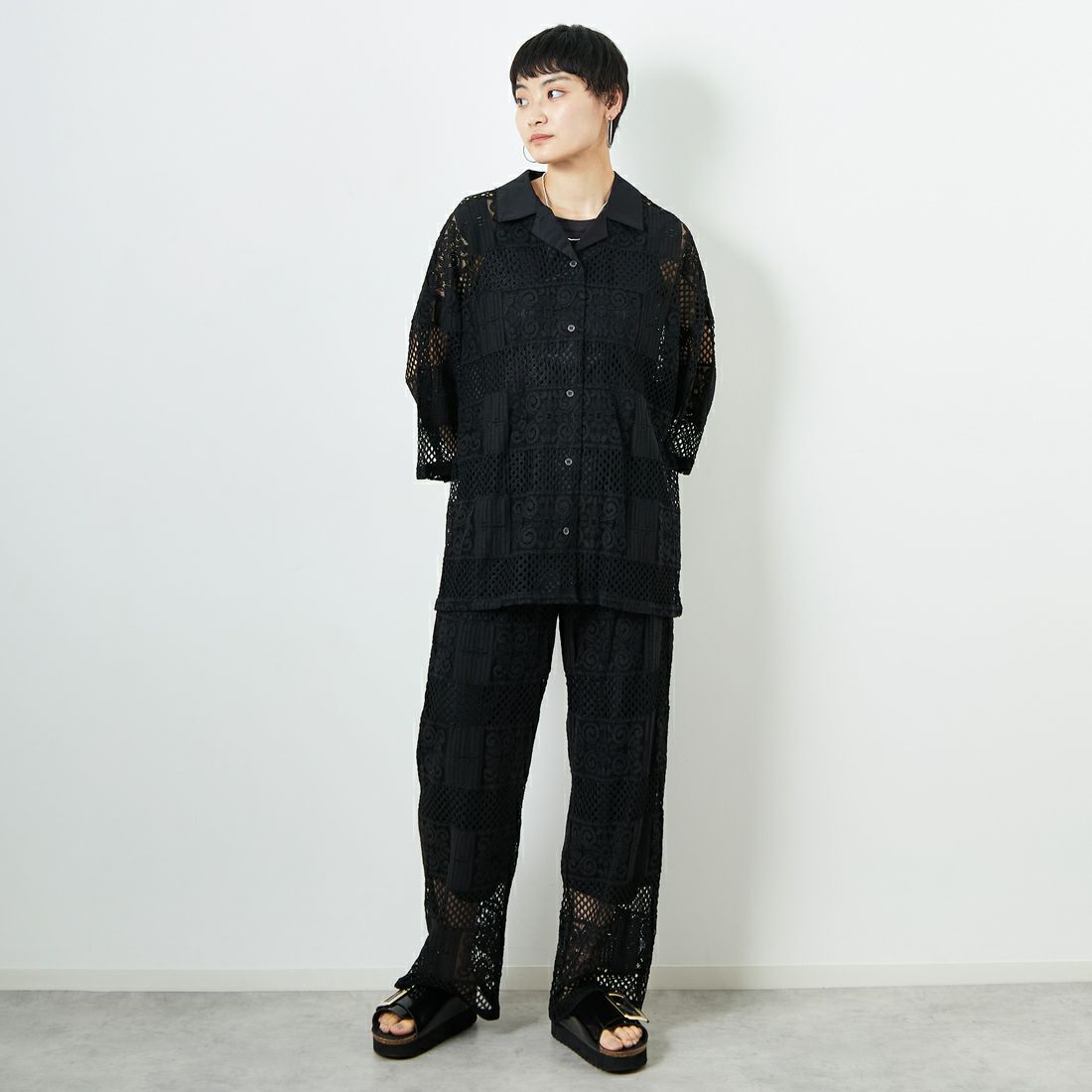Jeans Factory Clothes [ジーンズファクトリークローズ] カットレースイージーパンツ [L4314] 190 BLACK &&モデル身長：160cm 着用サイズ：S&&
