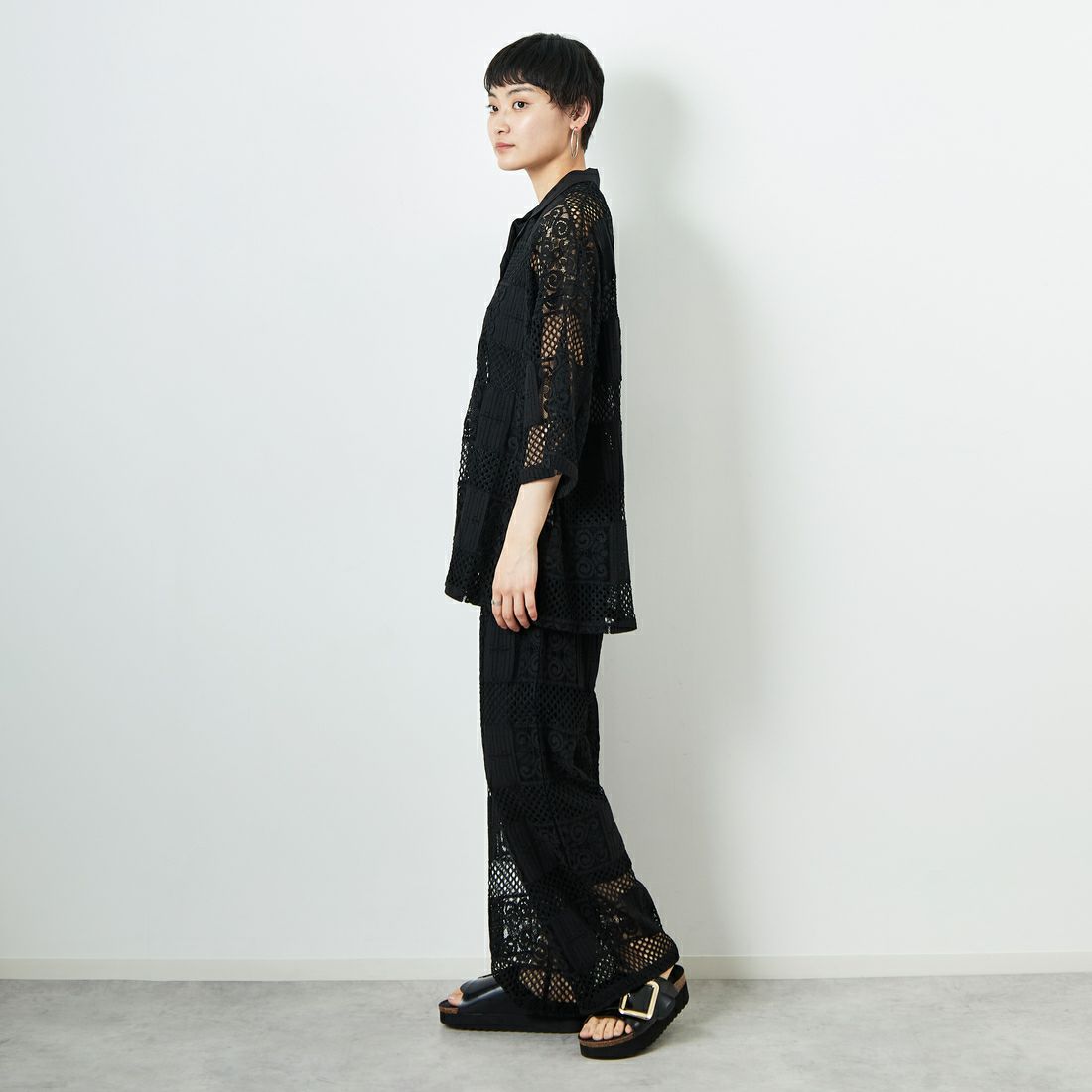 Jeans Factory Clothes [ジーンズファクトリークローズ] カットレースイージーパンツ [L4314] 190 BLACK &&モデル身長：160cm 着用サイズ：S&&