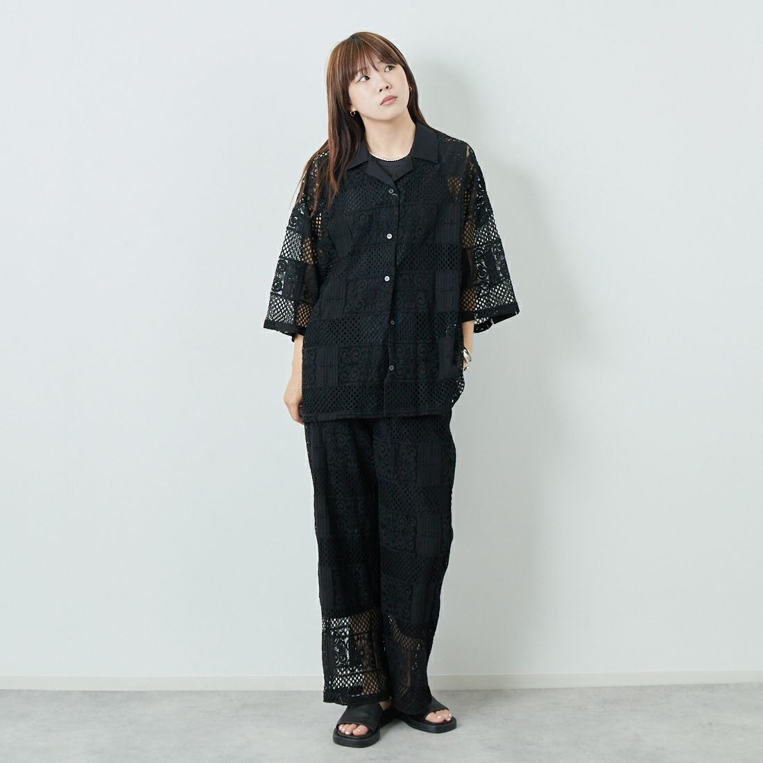 Jeans Factory Clothes [ジーンズファクトリークローズ] カットレースイージーパンツ [L4314] 190 BLACK &&モデル身長：167cm 着用サイズ：S&&