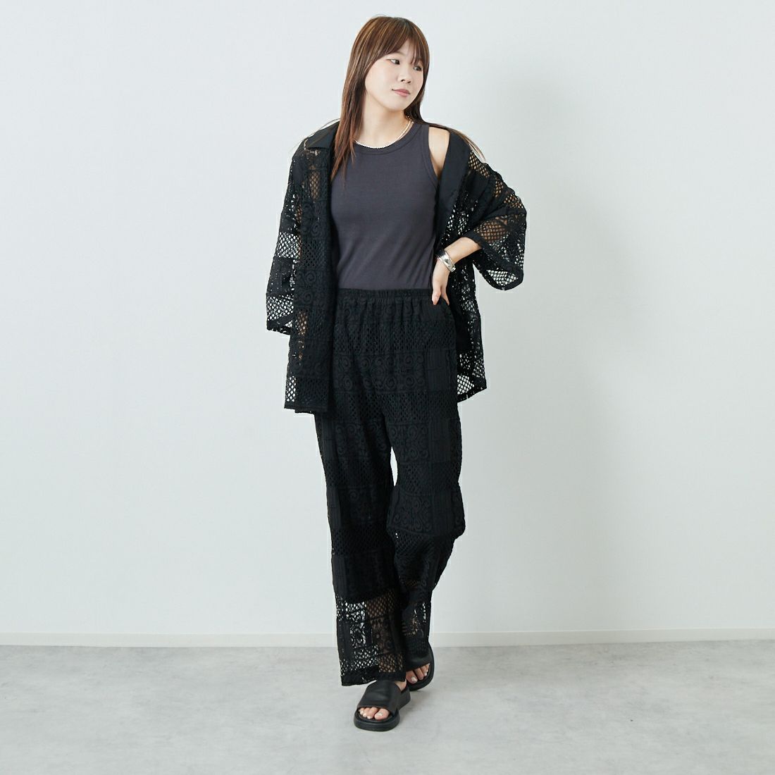 Jeans Factory Clothes [ジーンズファクトリークローズ] カットレースイージーパンツ [L4314] 190 BLACK &&モデル身長：167cm 着用サイズ：S&&