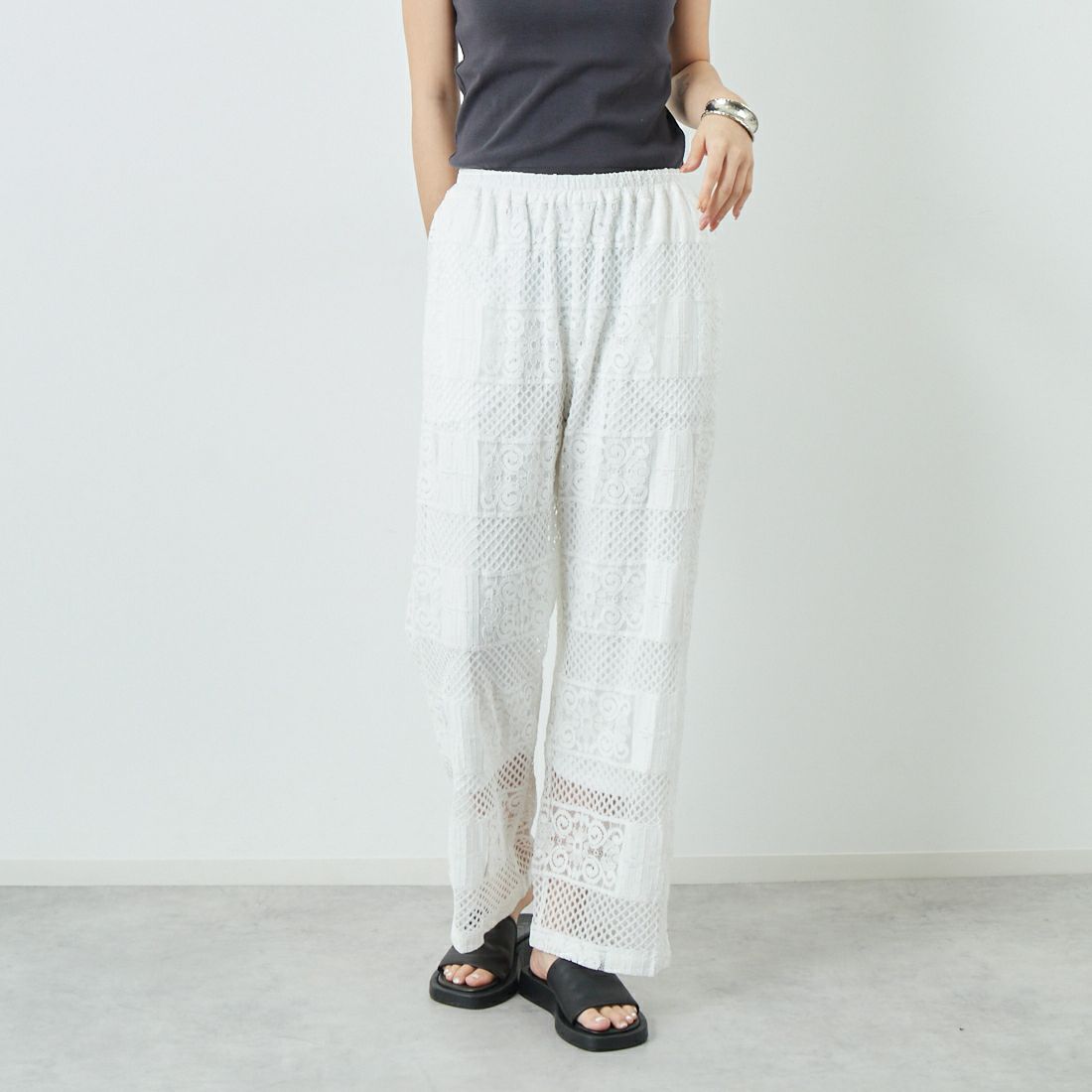 Jeans Factory Clothes [ジーンズファクトリークローズ] カットレースイージーパンツ [L4314] 100 WHITE &&モデル身長：167cm 着用サイズ：S&&