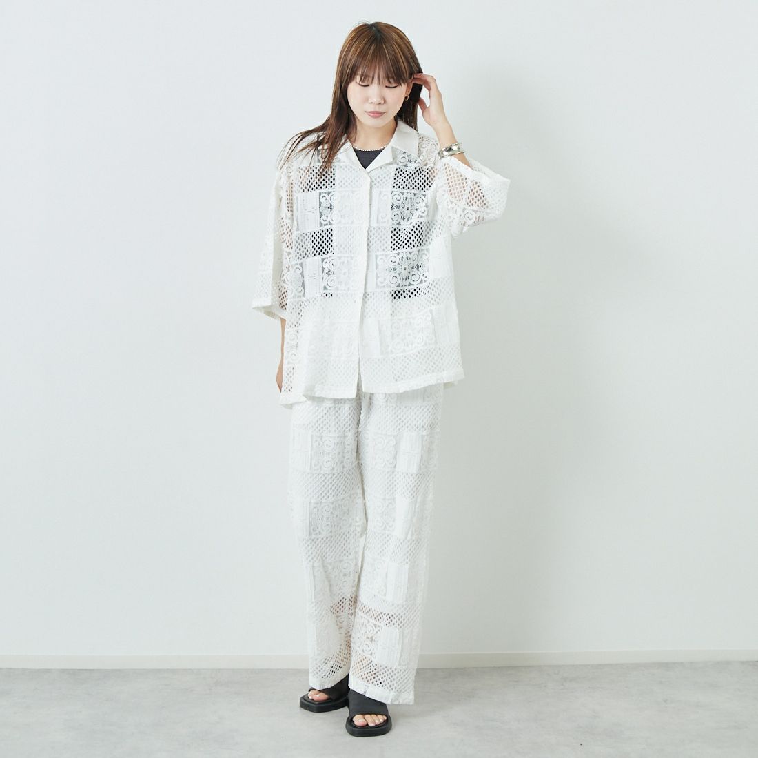 Jeans Factory Clothes [ジーンズファクトリークローズ] カットレースイージーパンツ [L4314] 100 WHITE &&モデル身長：167cm 着用サイズ：S&&