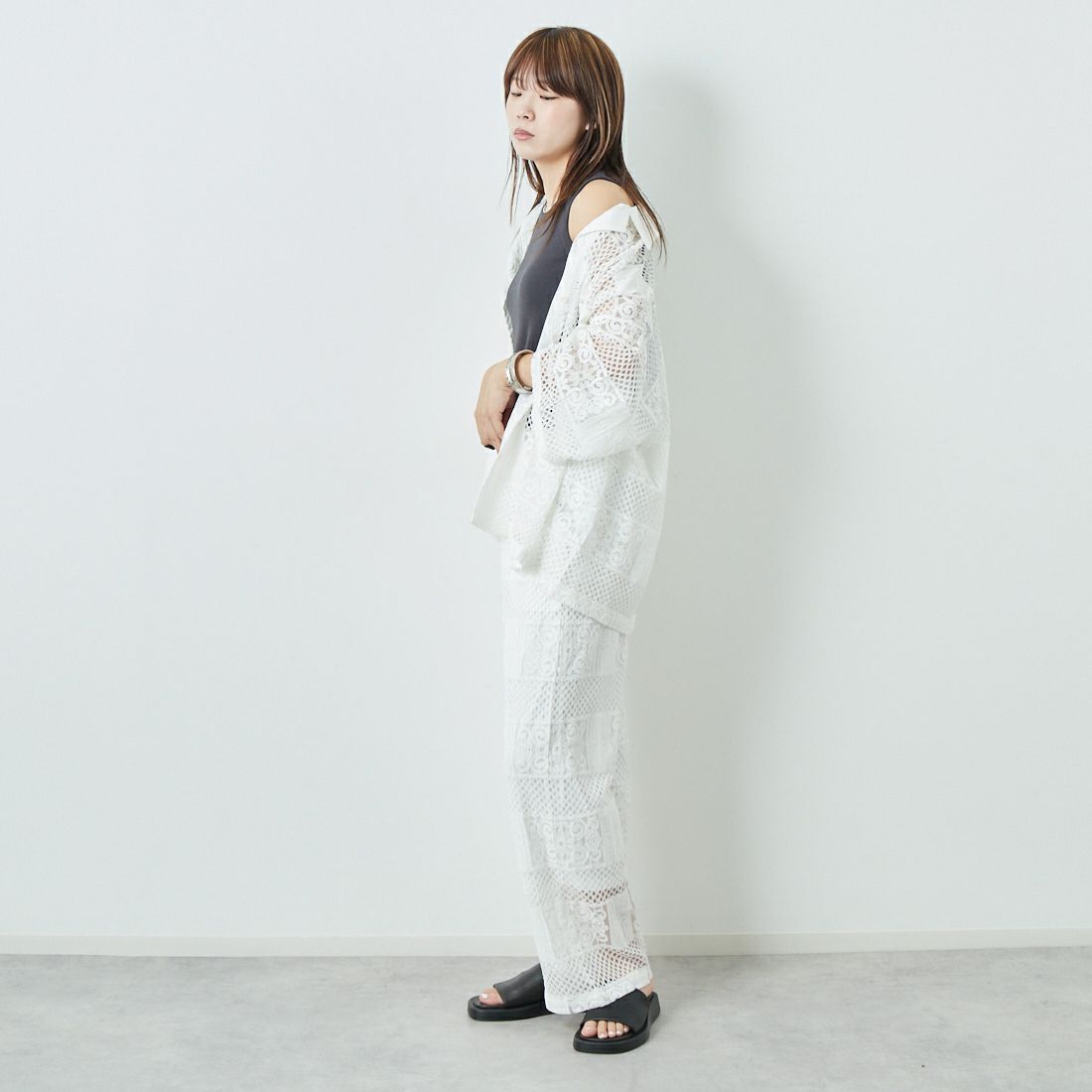 Jeans Factory Clothes [ジーンズファクトリークローズ] カットレースイージーパンツ [L4314] 100 WHITE &&モデル身長：167cm 着用サイズ：S&&