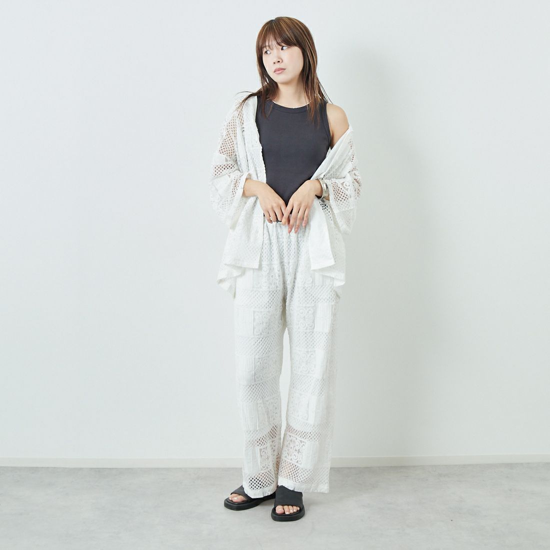 Jeans Factory Clothes [ジーンズファクトリークローズ] カットレースイージーパンツ [L4314] 100 WHITE &&モデル身長：167cm 着用サイズ：S&&