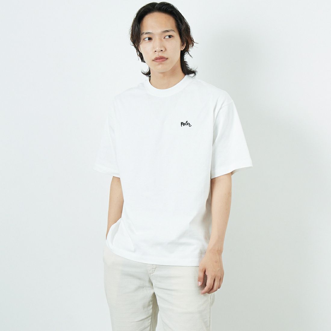 POLeR [ポーラー] フラワープリントTシャツ [259MCV0031-JF] WHITE &&モデル身長：179cm 着用サイズ：M&&