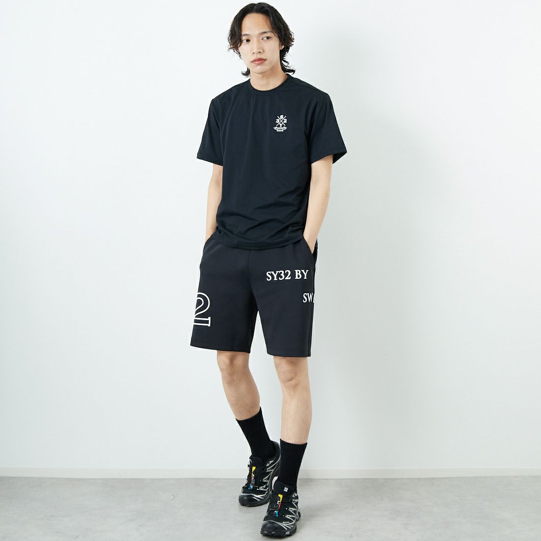 SY32 [エスワイサーティトゥ] ダブルニットショートパンツ [15004] BLACK &&モデル身長：179cm 着用サイズ：L&&