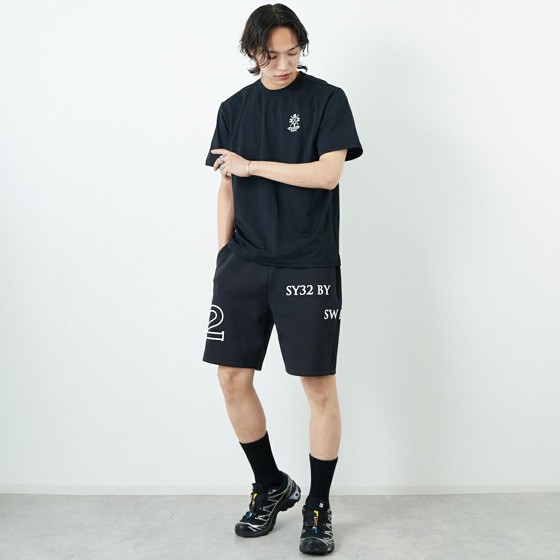 SY32 [エスワイサーティトゥ] ダブルニットショートパンツ [15004] BLACK &&モデル身長：179cm 着用サイズ：L&&