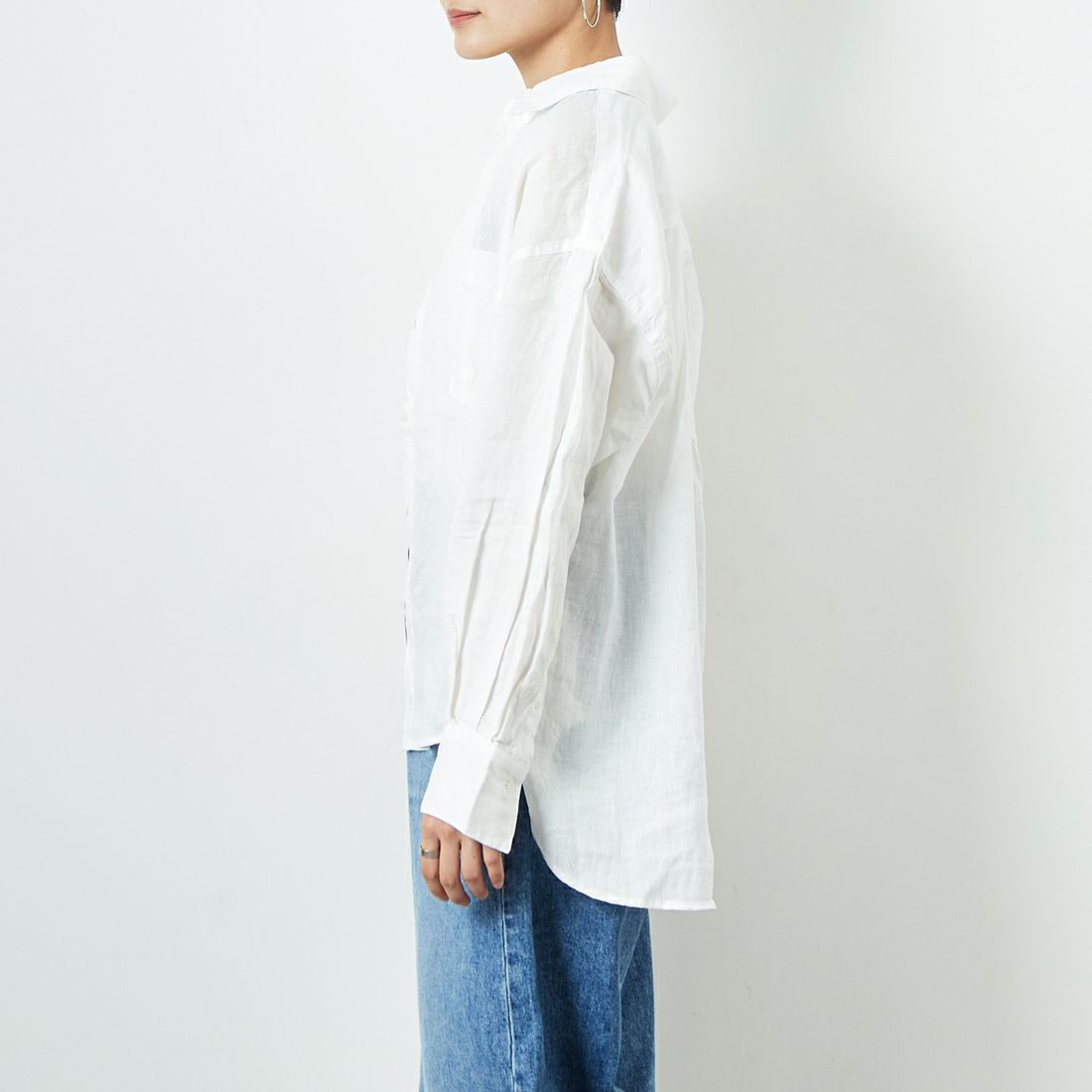 Jeans Factory Clothes [ジーンズファクトリークローズ] ロングスリーブ リネンシャツ [LFE101] WHITE &&モデル身長：160cm 着用サイズ：F&&