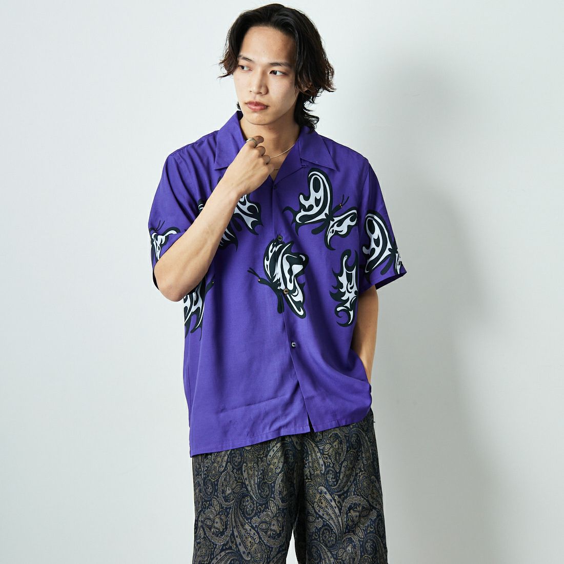 Needles [ニードルズ] Needles×KAE TANAKA ショートスリーブシャツ [QV432] C PURPLE &&モデル身長：179cm 着用サイズ：L&&