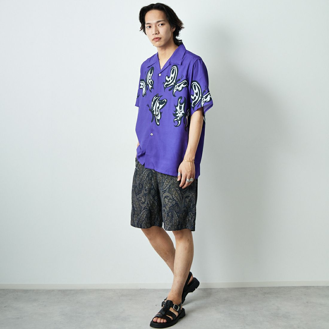 Needles [ニードルズ] Needles×KAE TANAKA ショートスリーブシャツ [QV432] C PURPLE &&モデル身長：179cm 着用サイズ：L&&