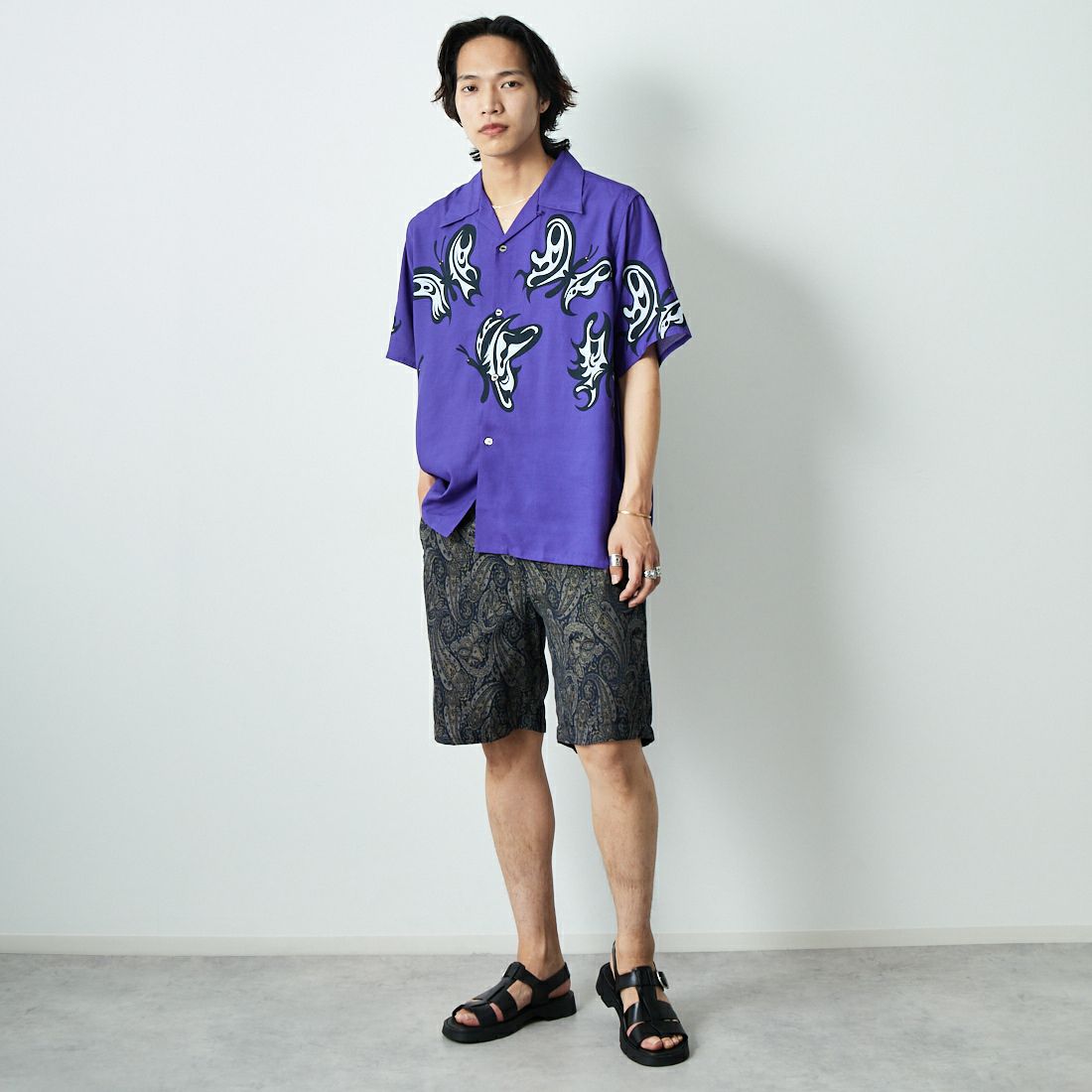 Needles [ニードルズ] Needles×KAE TANAKA ショートスリーブシャツ [QV432] C PURPLE &&モデル身長：179cm 着用サイズ：L&&